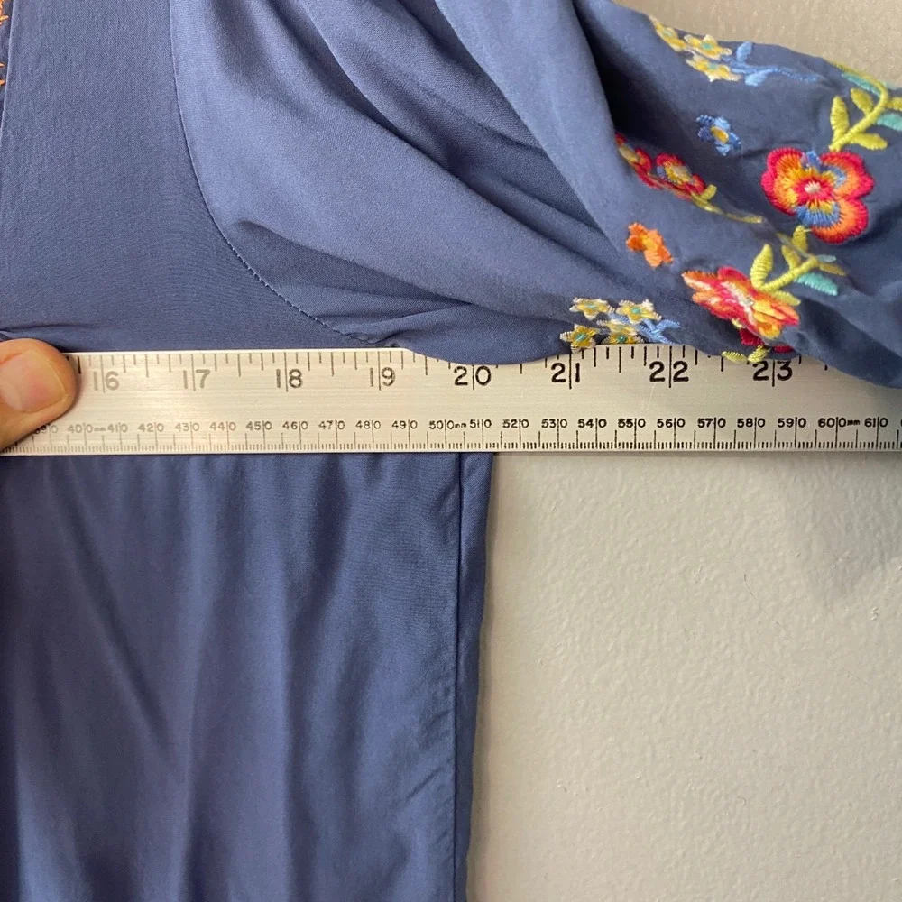 Savanna Jane Blue Floral Embroidered Boho Peasant Blouse Puff Sleeve Medium - Picture 10 of 12